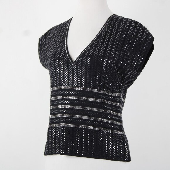 St John Evening Sz 8 Black Silver Stud Paillettes V Neck Santana Knit Top - Picture 3 of 10